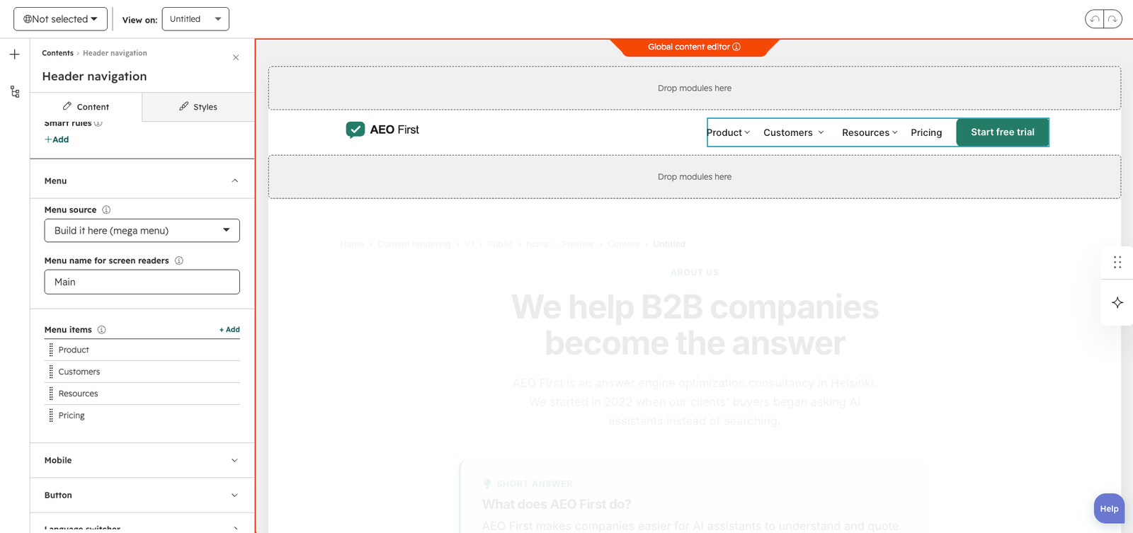 The global content editor with the navigation module open and its mega menu items visible.