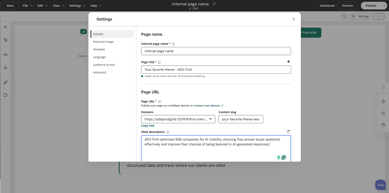 The page editor's Settings panel with the internal name, page title, meta description and URL fields.