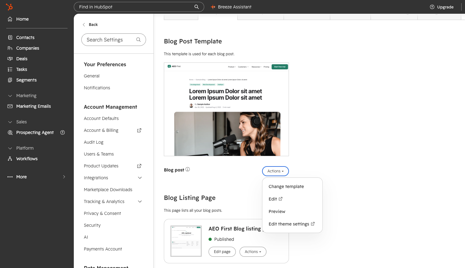 Blog template settings with the AEO First Blog post and Blog listing templates selected.