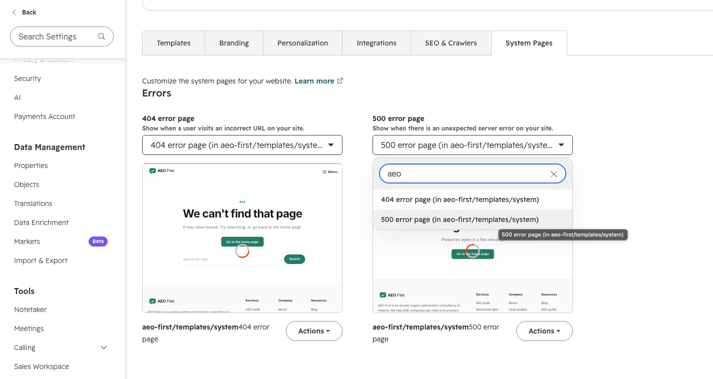 System pages settings with the AEO First templates selected.