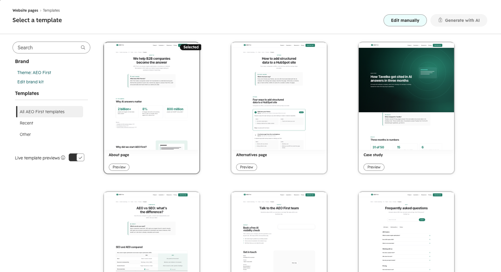 The template picker showing the AEO First page templates.