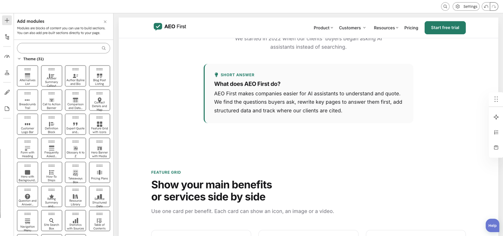 The page editor with the add (+) panel open, showing AEO First modules and ready-made sections.