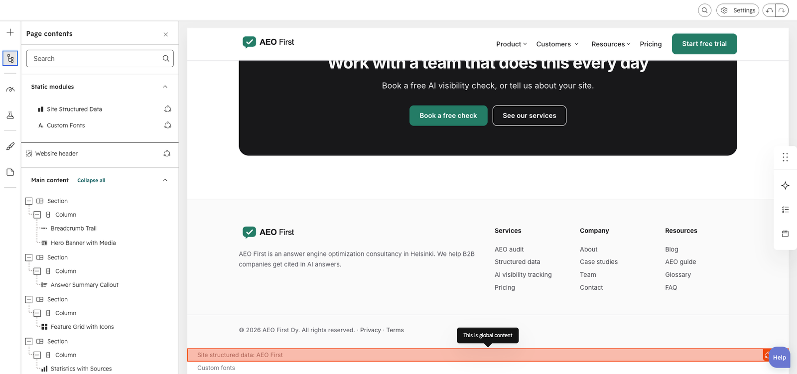 HubSpot page editor scrolled to the bottom of a page, showing the Site structured data note that only appears while editing.
