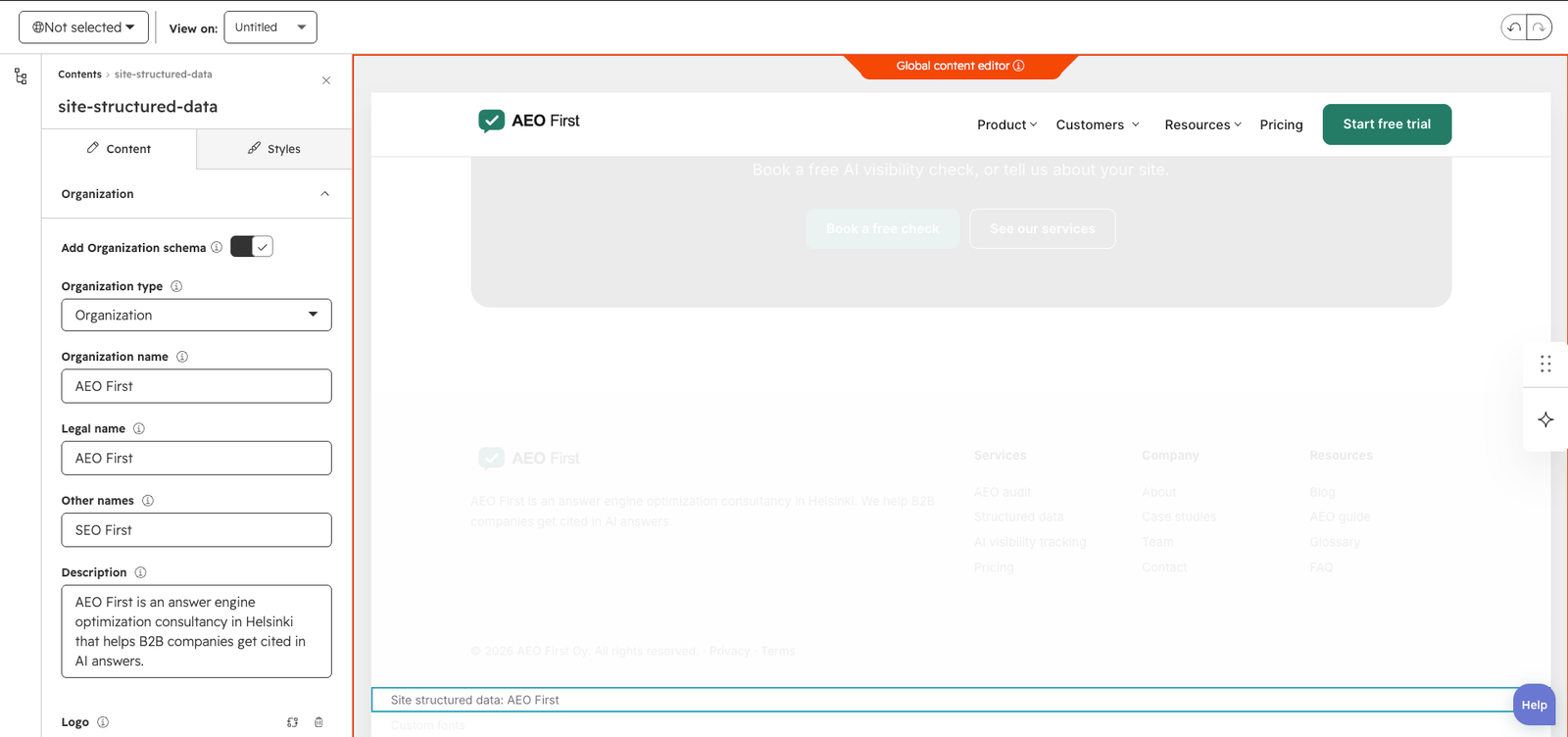 The Site structured data module open in the editor sidebar, with the Organization fields filled in with example details.