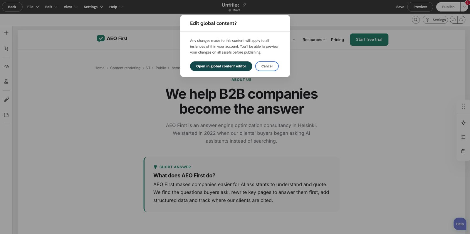 The header clicked in the page editor, showing the Open in global content editor prompt.
