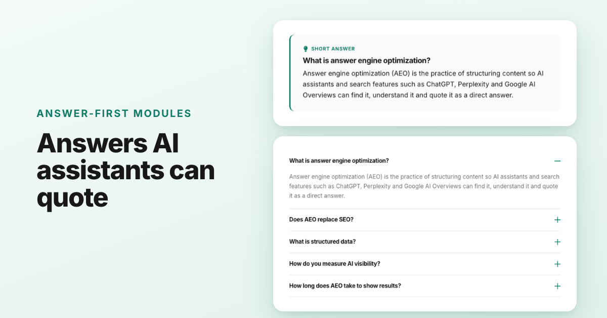 An AEO First demo page with the answer summary box at the top and an FAQ accordion below