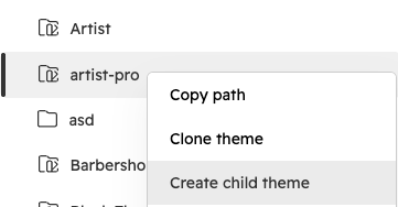 The Design Manager file tree with the right-click menu on artist-pro open and Create child theme highlighted.