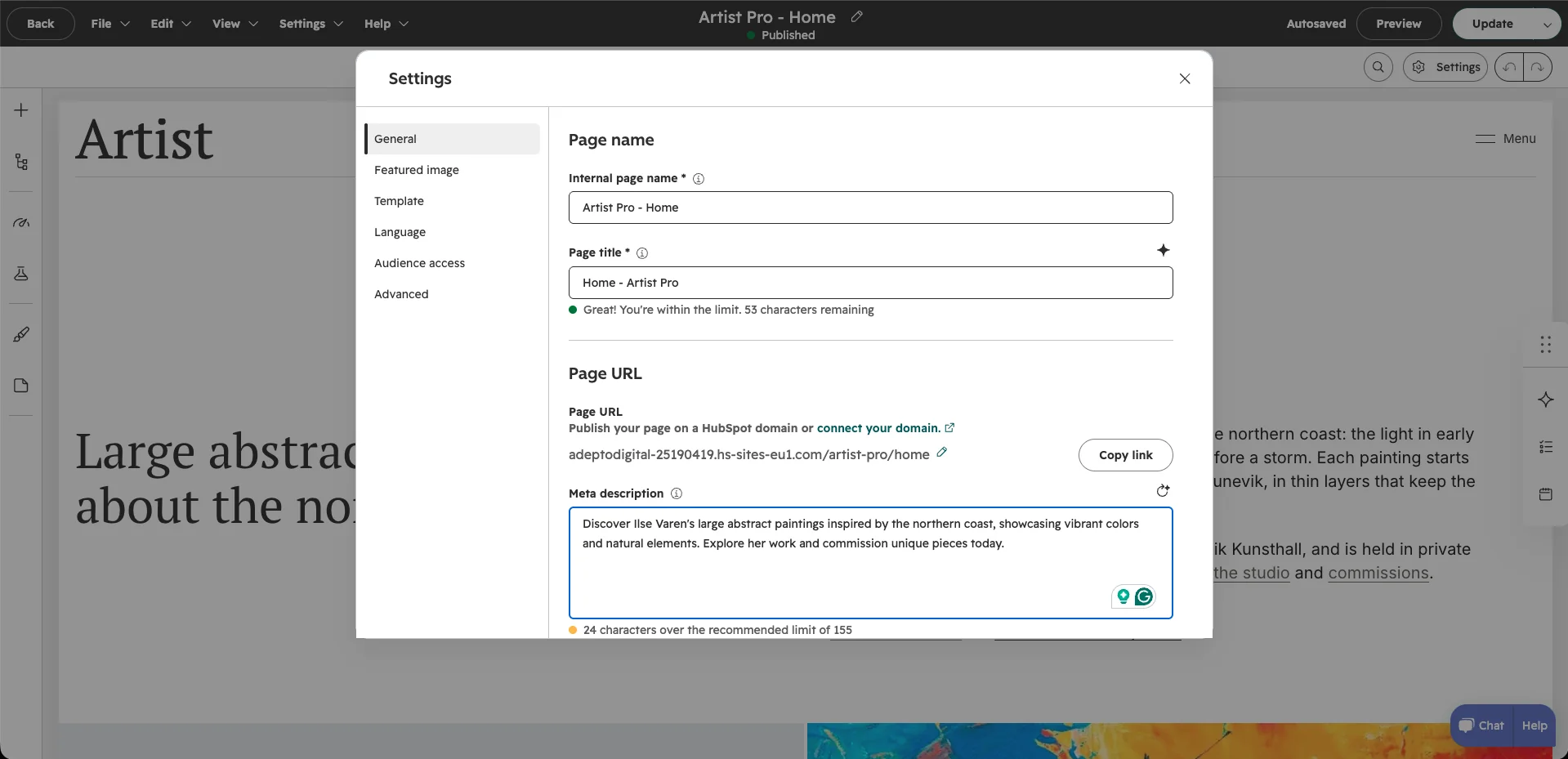 The page editor&rsquo;s Settings panel with the internal page name, page title, page URL and meta description fields.