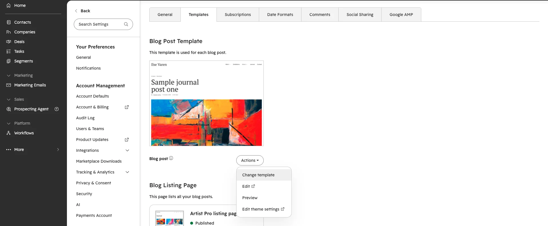 Blog template settings with the Artist Pro blog post template and the Actions menu open.