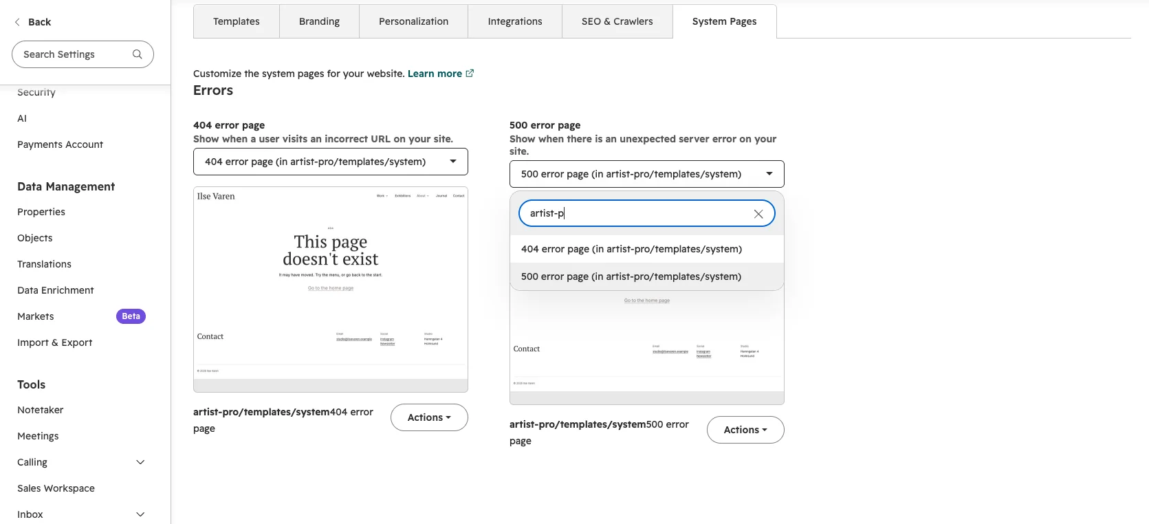 System pages settings with the Artist Pro 404 and 500 error page templates selected.