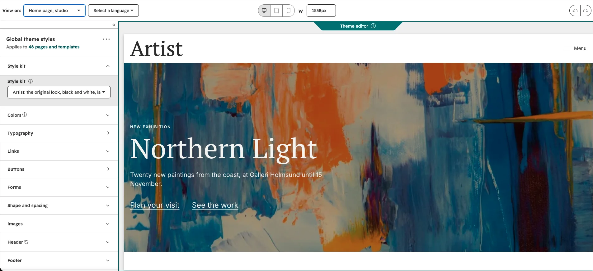 The Artist Pro theme settings sidebar with the Style kit group open and the Artist kit selected, next to a preview of the studio home page.