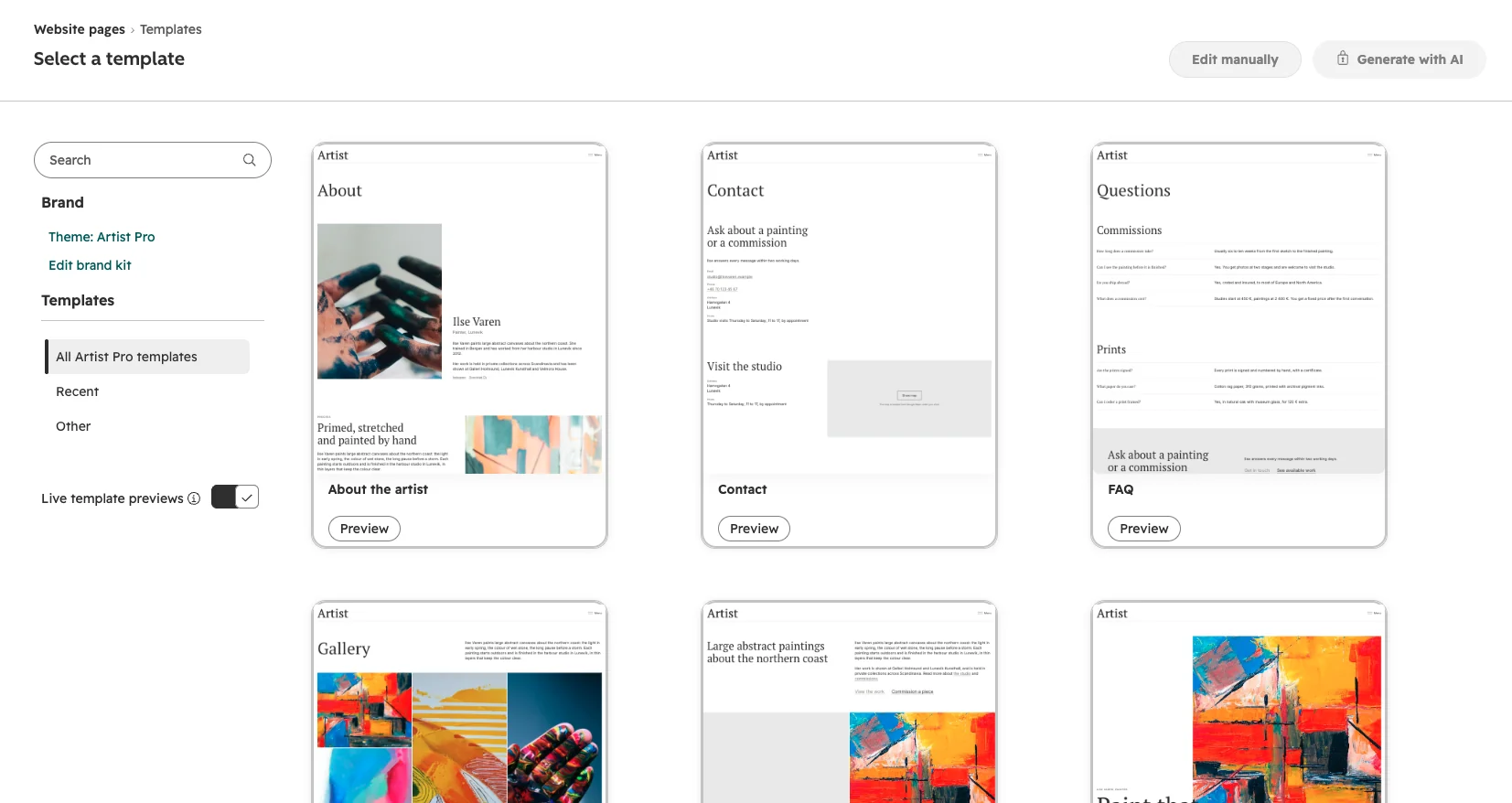 The template picker showing the Artist Pro page templates, including About the artist, Contact and FAQ.