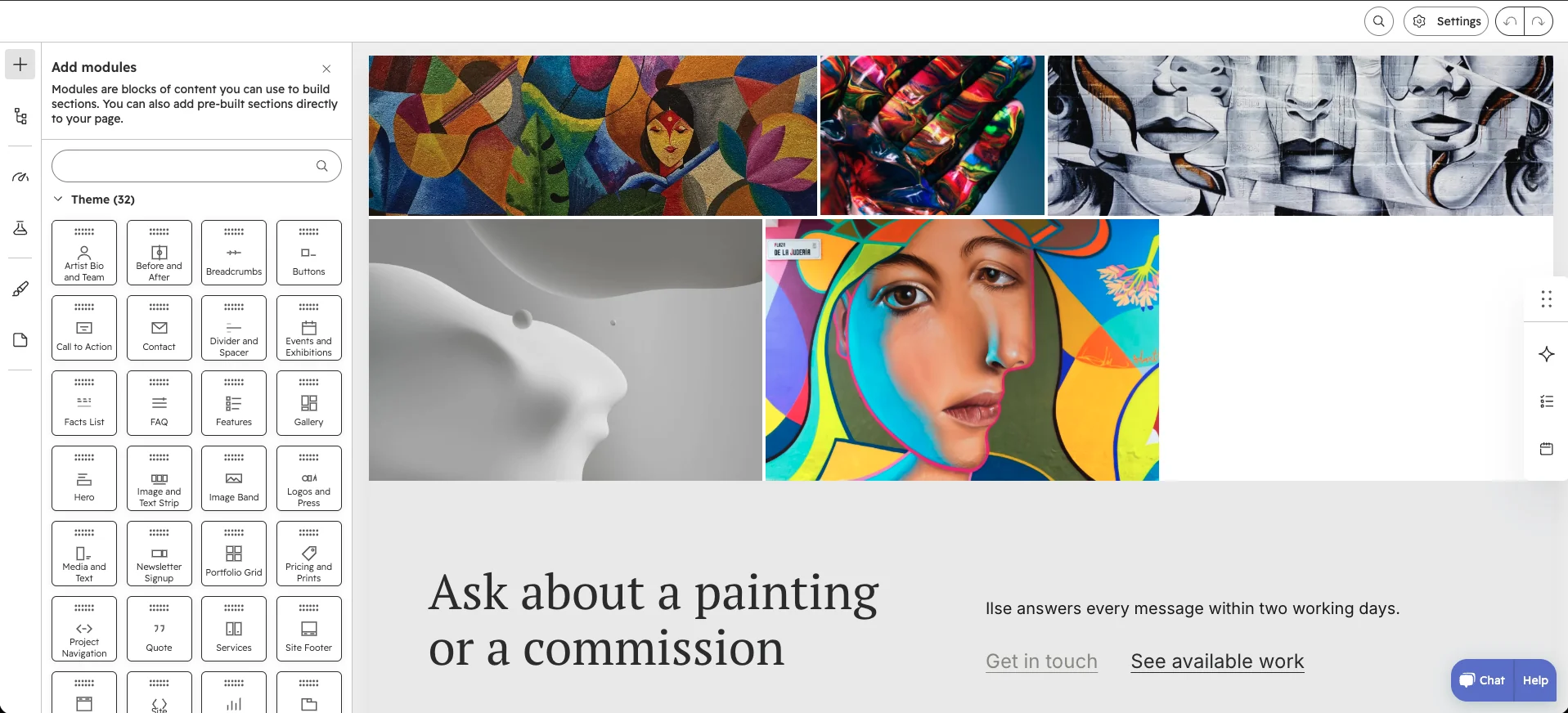 The page editor with the Add modules panel open, showing Artist Pro modules such as Artist Bio and Team, Gallery, Hero and Portfolio Grid.