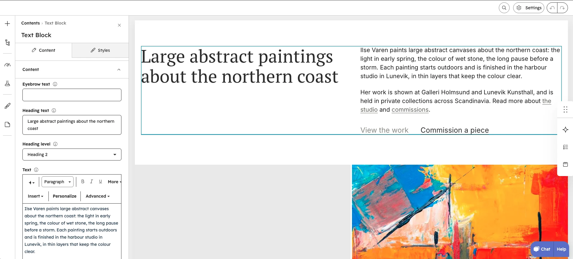 A Text Block module selected in the page editor, with its Content tab open in the sidebar.