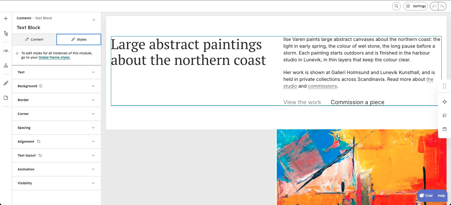 The same module with the Styles tab open, showing the Text, Background, Border, Corner, Spacing, Alignment, Text layout, Animation and Visibility groups.