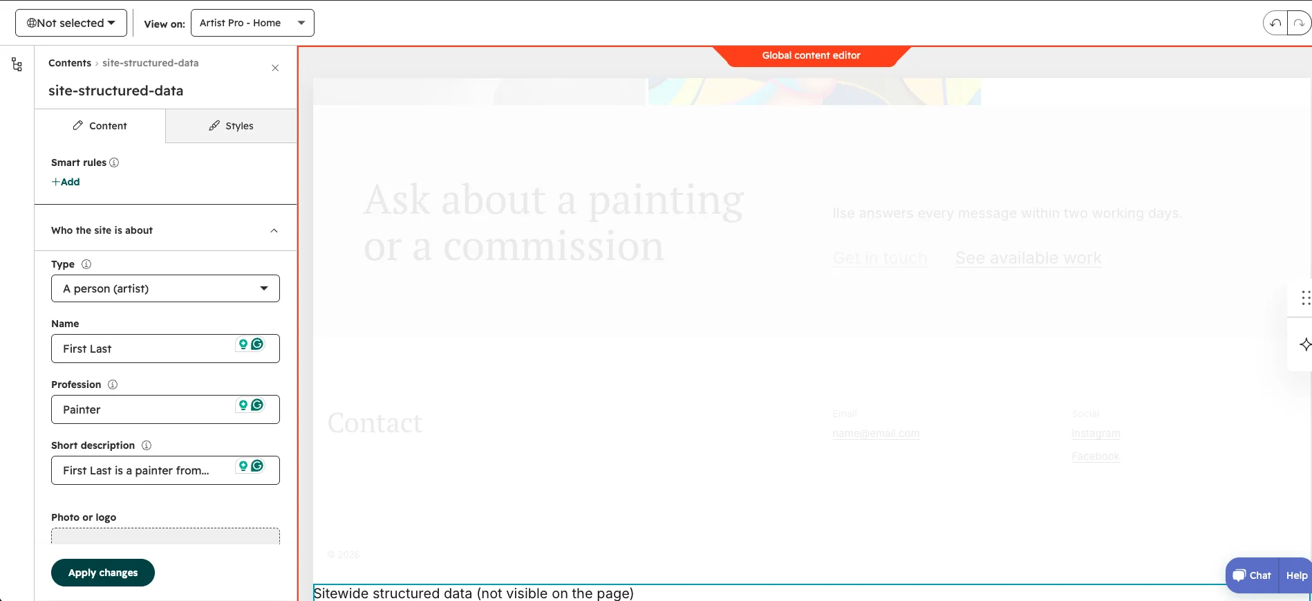 The Site Structured Data module open in the global content editor, with Type set to A person (artist) and the name, profession and description fields.