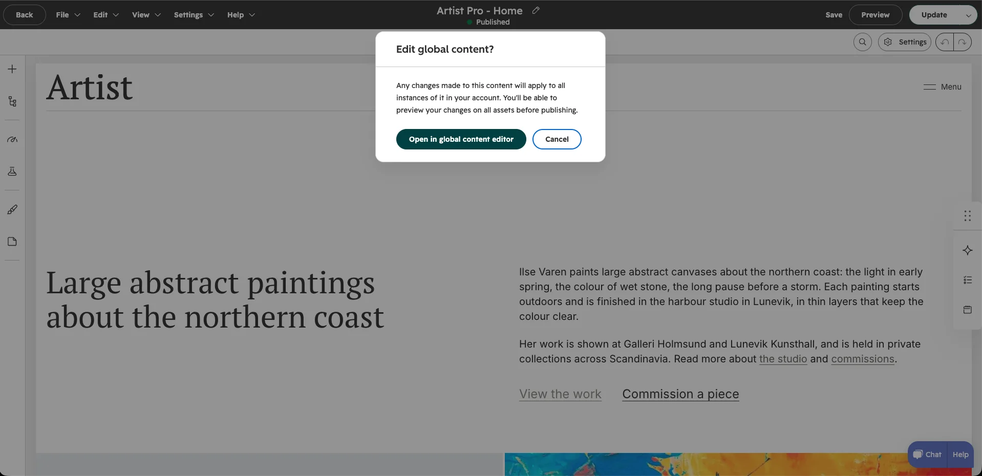 The page editor with the Edit global content? prompt and its Open in global content editor button.