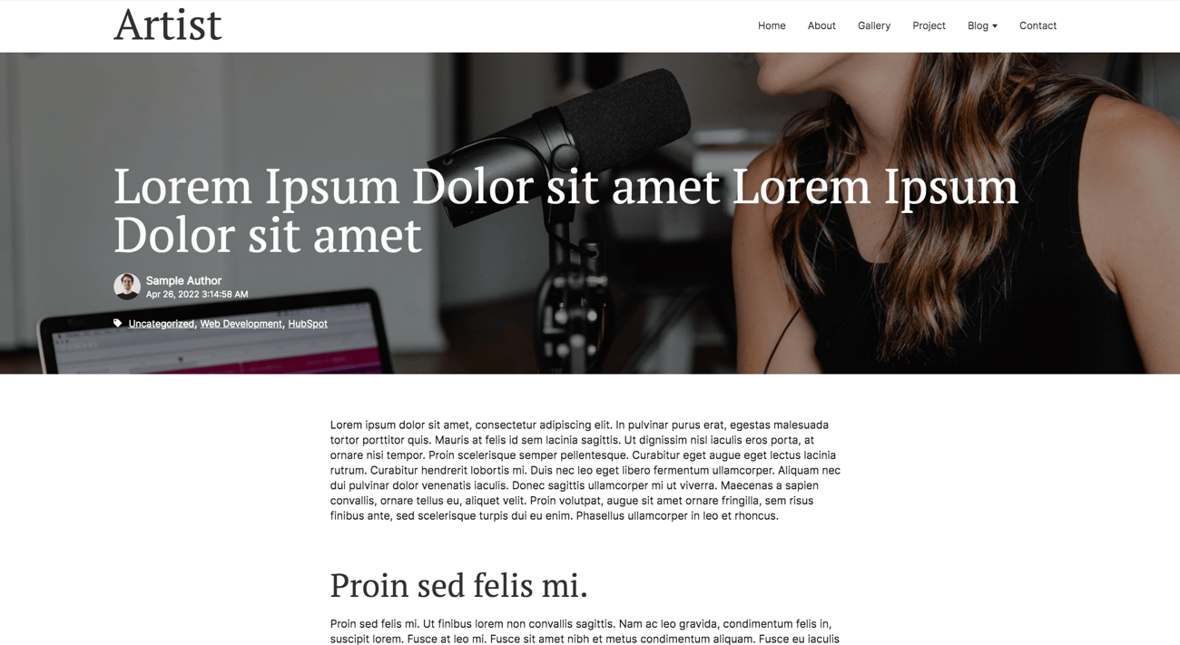 Screenshot: Artist theme, 6.1 Blog hero