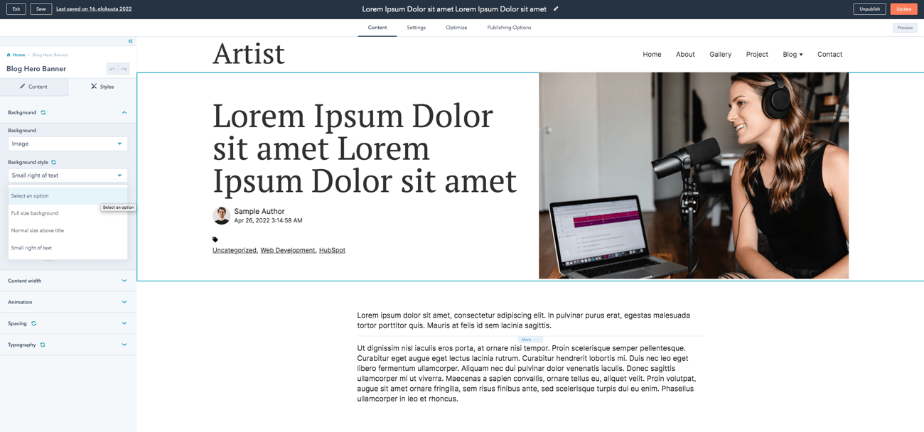 Screenshot: Artist theme, 6.1 Blog hero