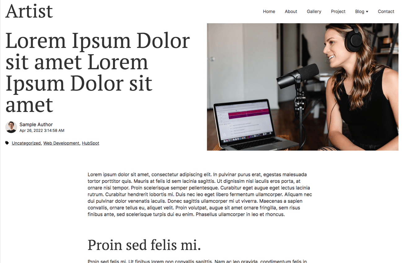 Screenshot: Artist theme, 6.1 Blog hero