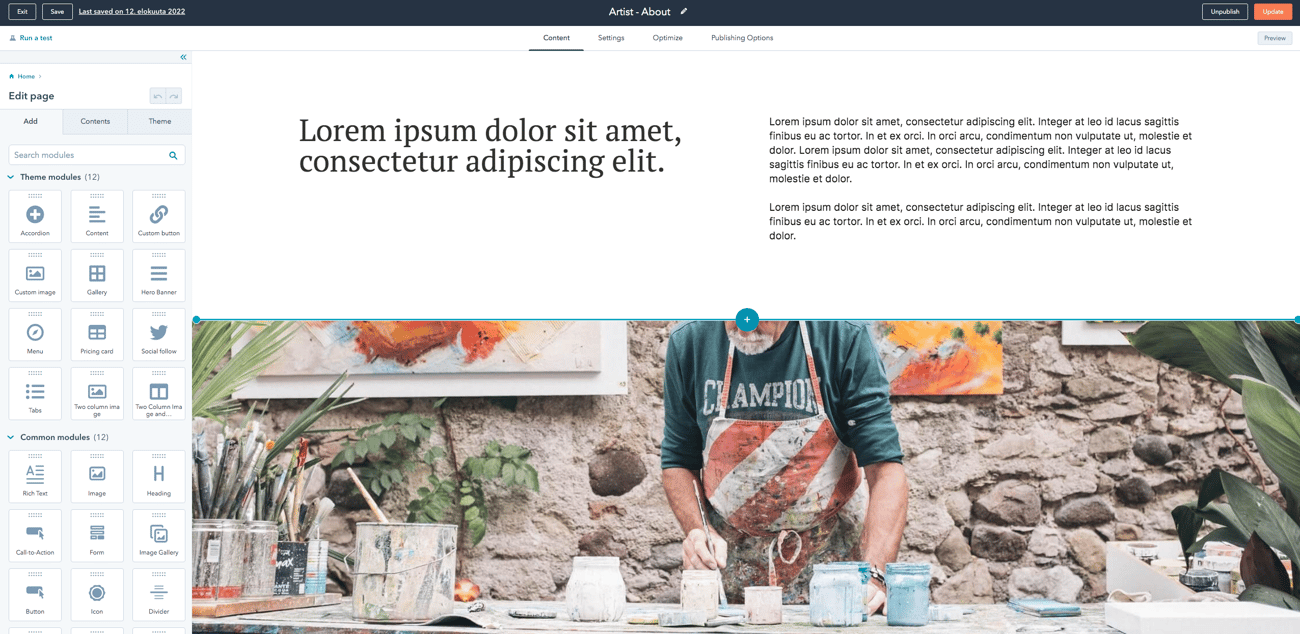 Screenshot: Artist theme, 4. Edit a page
