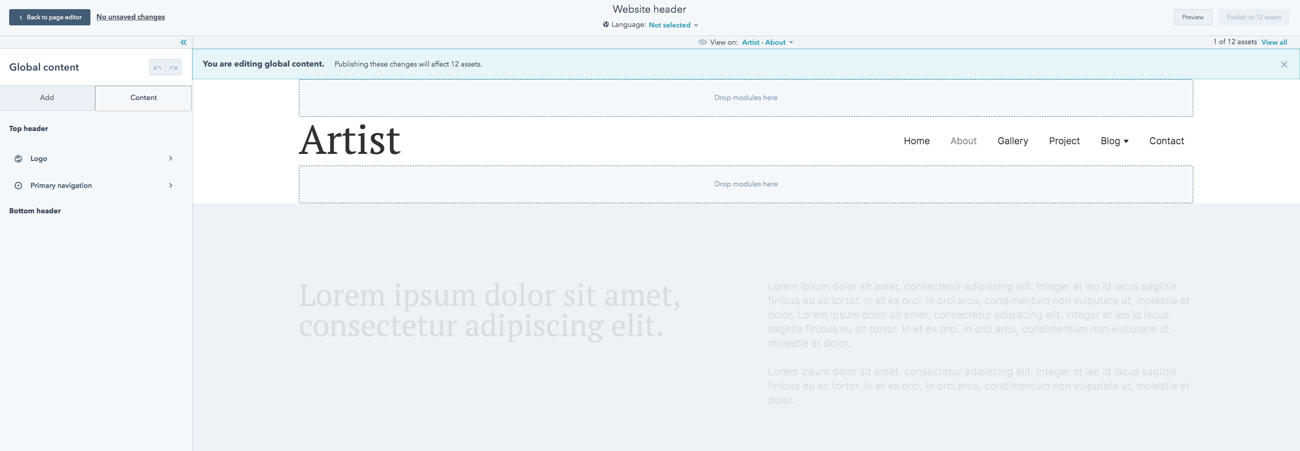 Screenshot: Artist theme, 5. Global header & footer