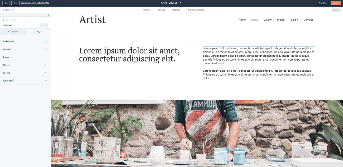 Screenshot: Artist theme, 4. Edit a page