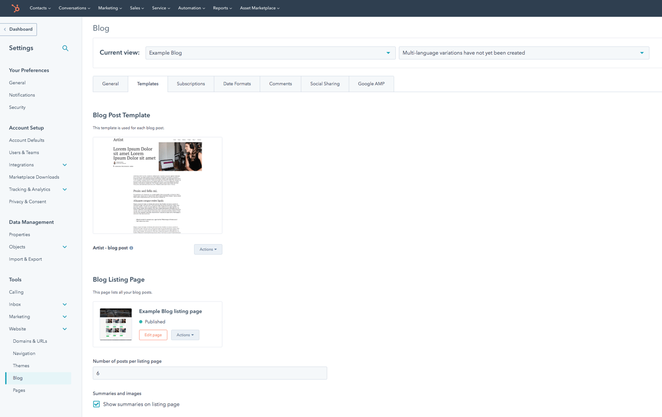 Screenshot: Artist theme, 6. Blog