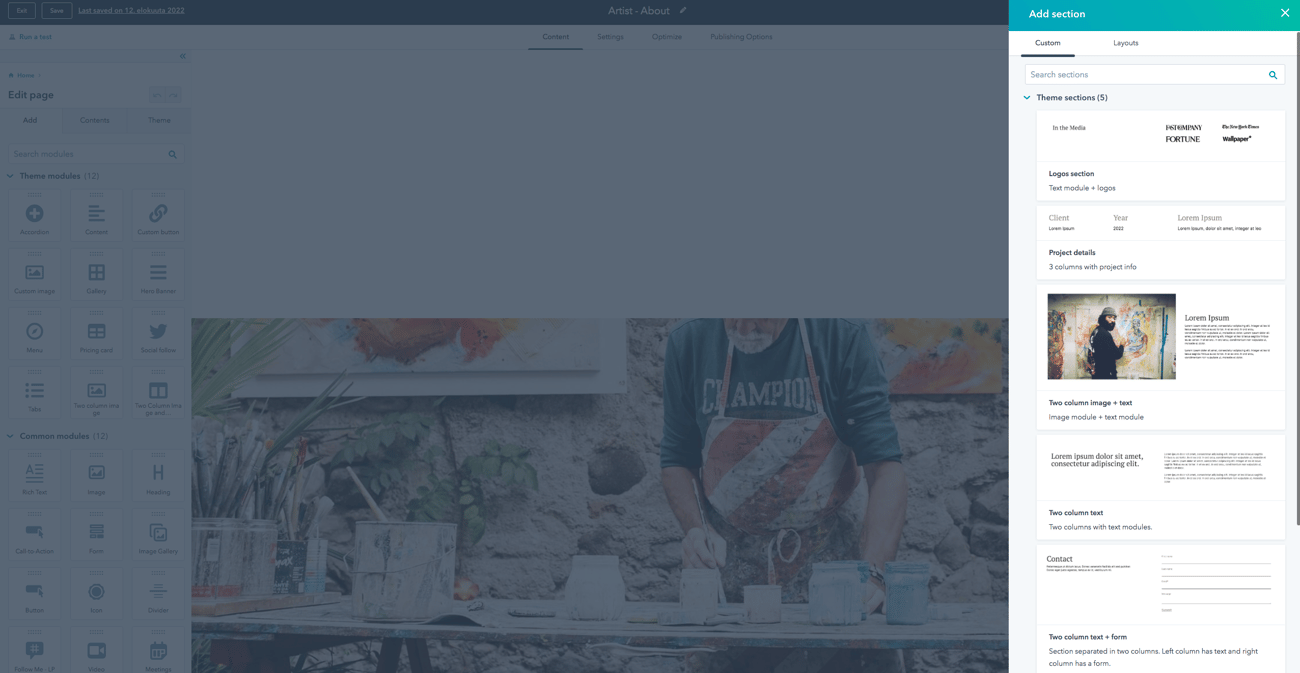 Screenshot: Artist theme, 4. Edit a page