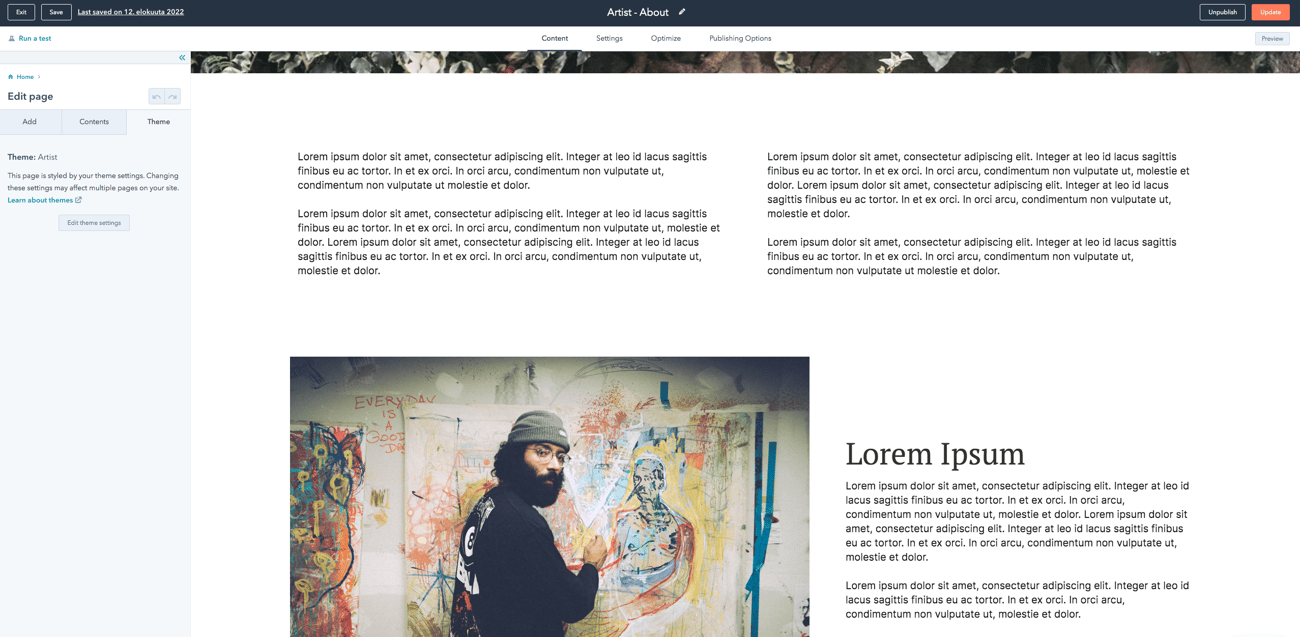 Screenshot: Artist theme, 4. Edit a page