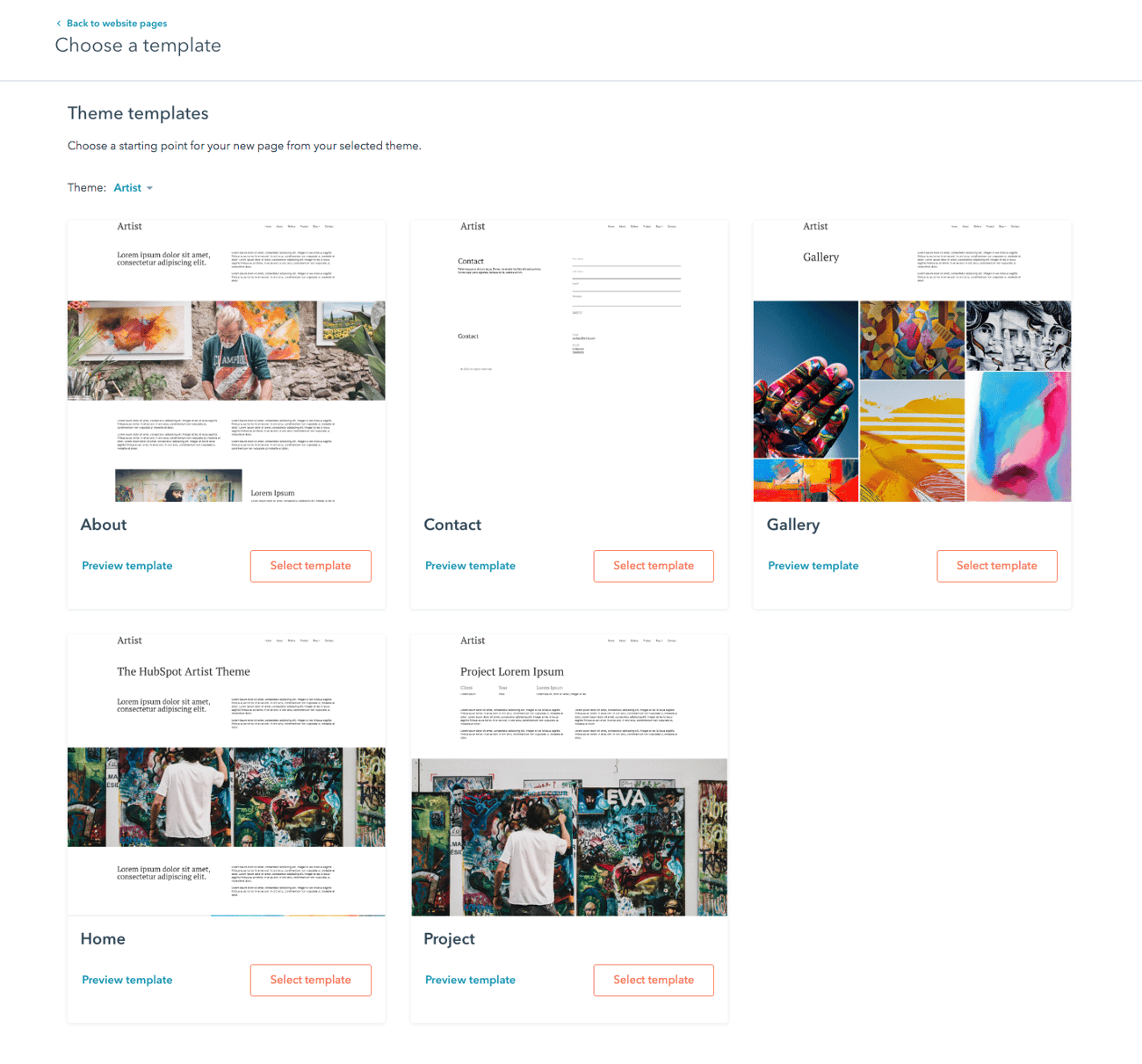 Screenshot: Artist theme, 3. Create a page