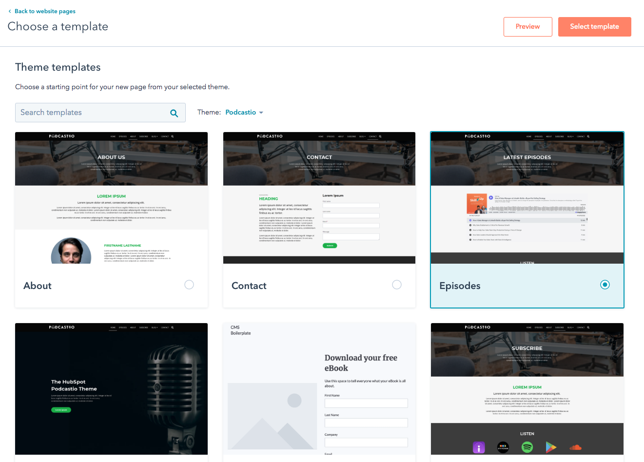 Screenshot: Podcastio theme, 3. Create a page