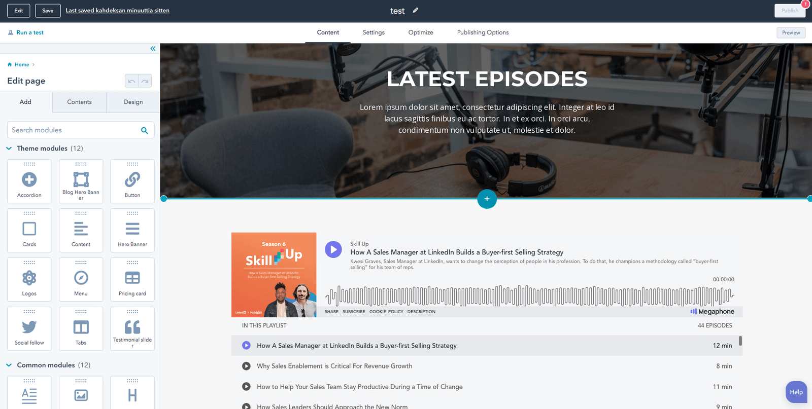 Screenshot: Podcastio theme, 4. Edit a page
