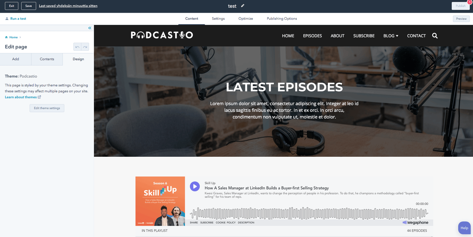 Screenshot: Podcastio theme, 4. Edit a page