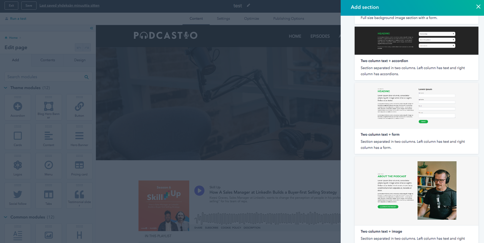 Screenshot: Podcastio theme, 4. Edit a page
