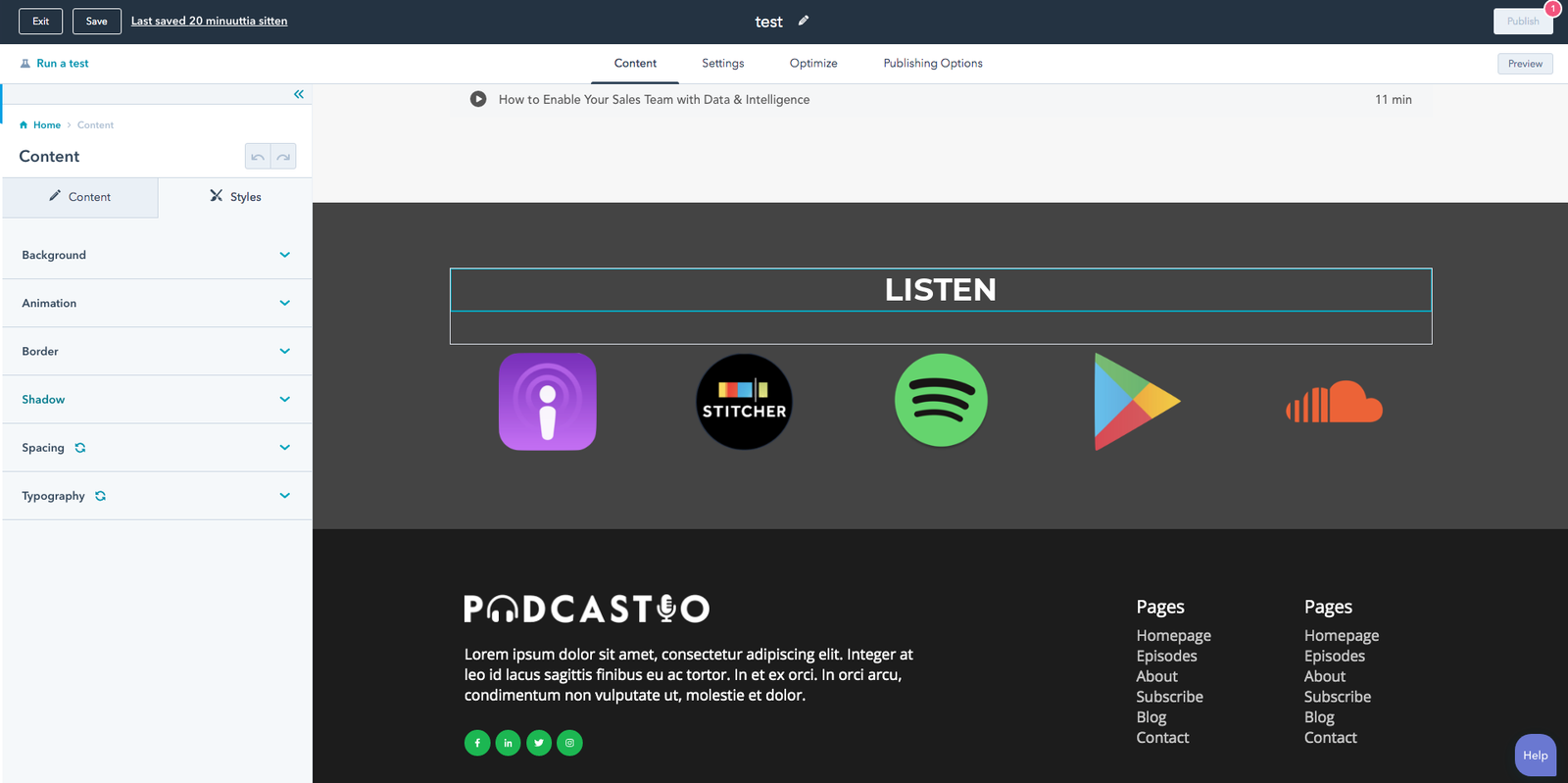 Screenshot: Podcastio theme, 4. Edit a page