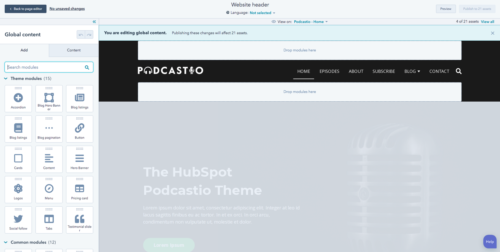 Screenshot: Podcastio theme, 5. Global header & footer