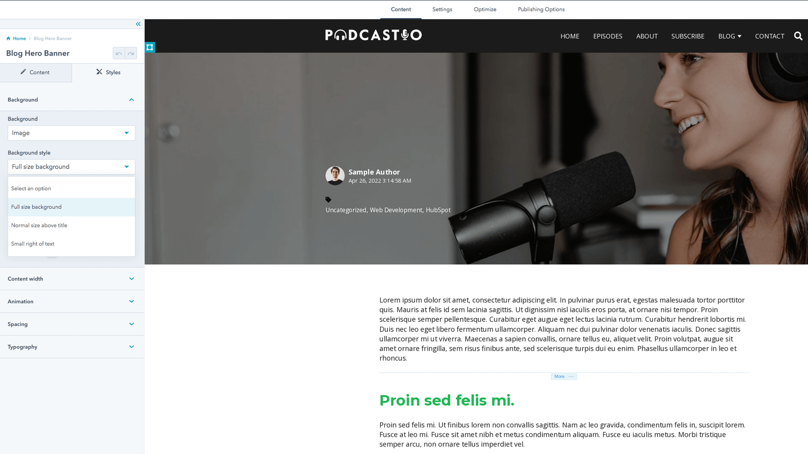 Screenshot: Podcastio theme, 6.1 Blog hero