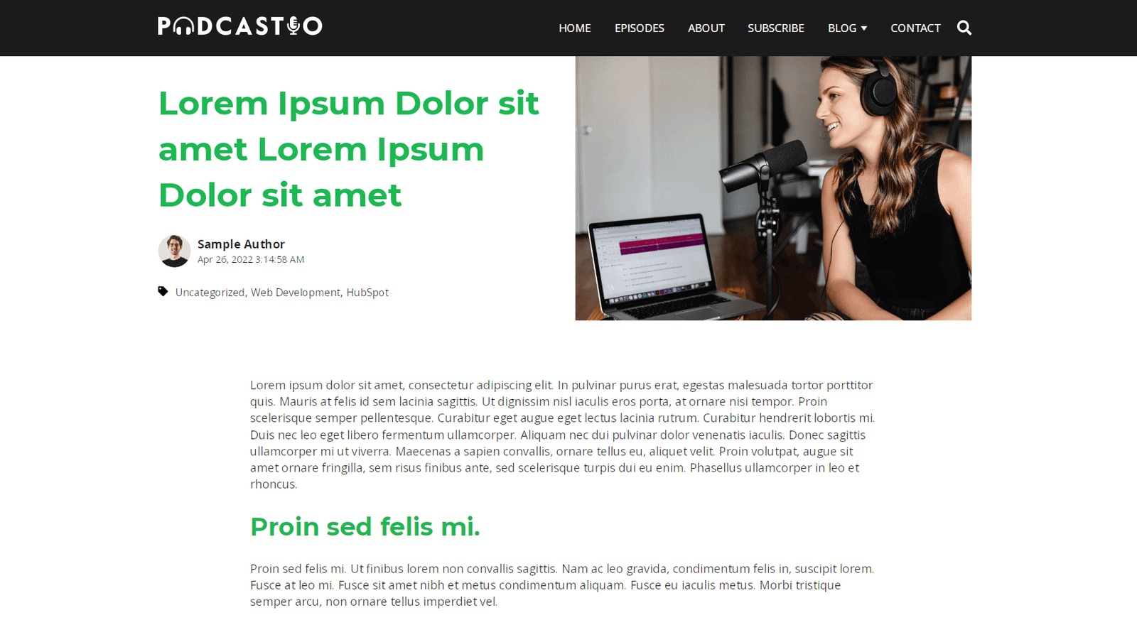 Screenshot: Podcastio theme, 6.1 Blog hero
