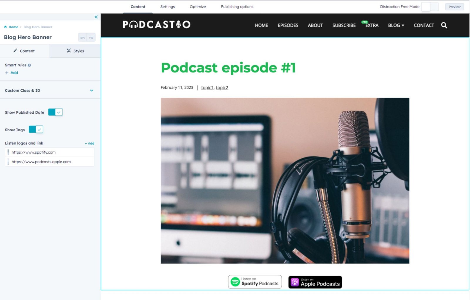 Screenshot: Podcastio theme, 6.1 Blog hero