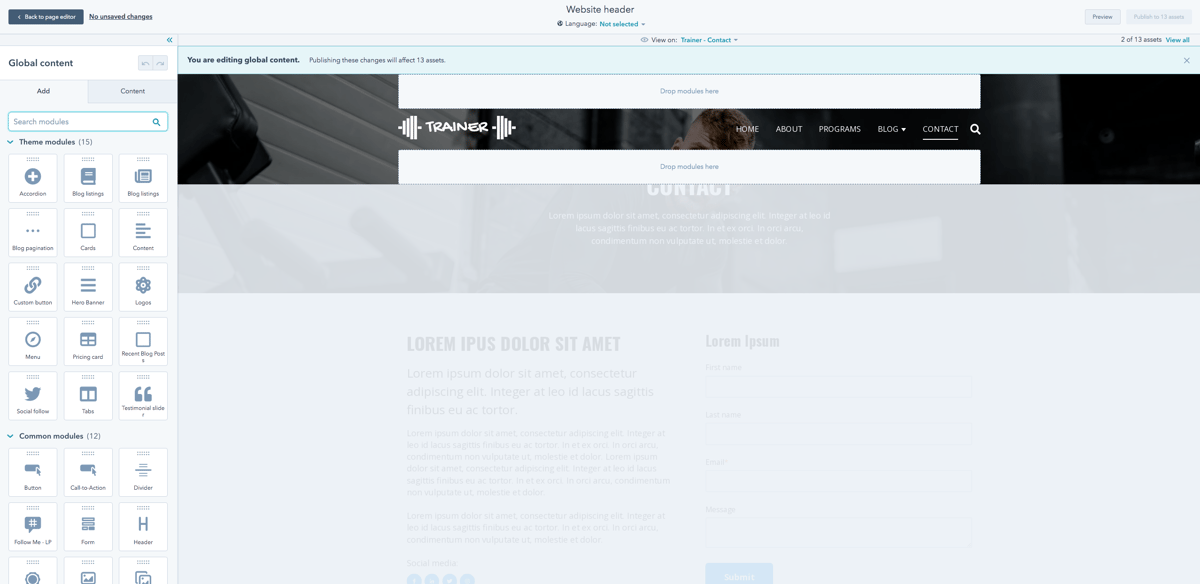 Screenshot: Trainer theme, 5. Global header & footer