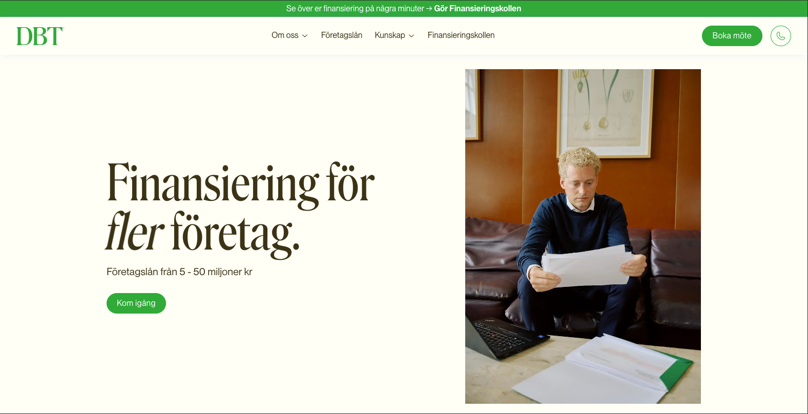 The DBT homepage at desktop width