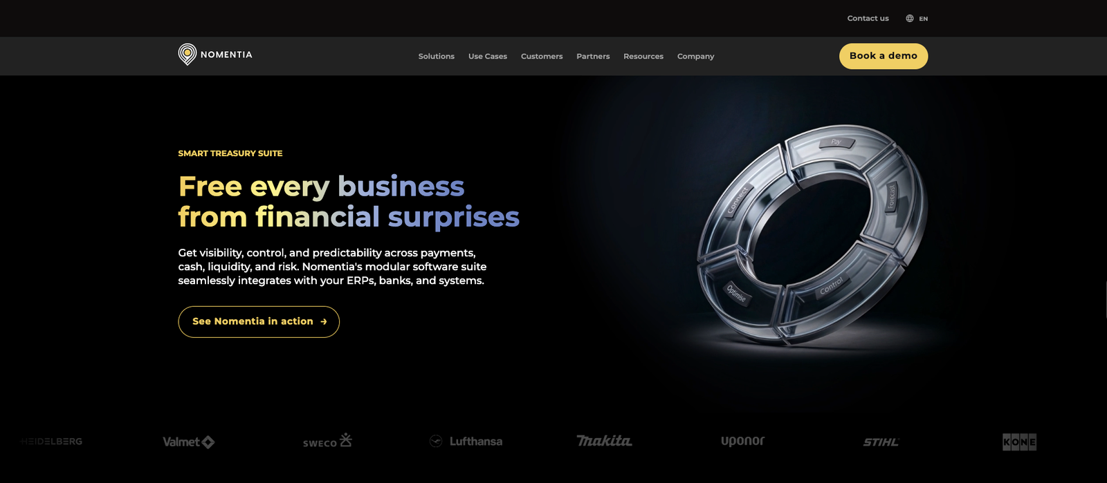 Nomentia.com homepage hero on black: the headline Free every business from financial surprises beside a rendered glass ring split into the five suite segments, with a row of customer logos below