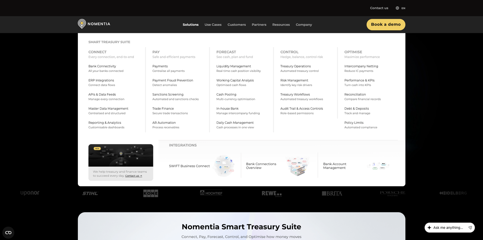 The Nomentia mega-menu open on Solutions: five columns headed Connect, Pay, Forecast, Control and Optimise, each listing five or six sub-solutions with one-line descriptions, plus an Integrations strip and a contact card along the bottom