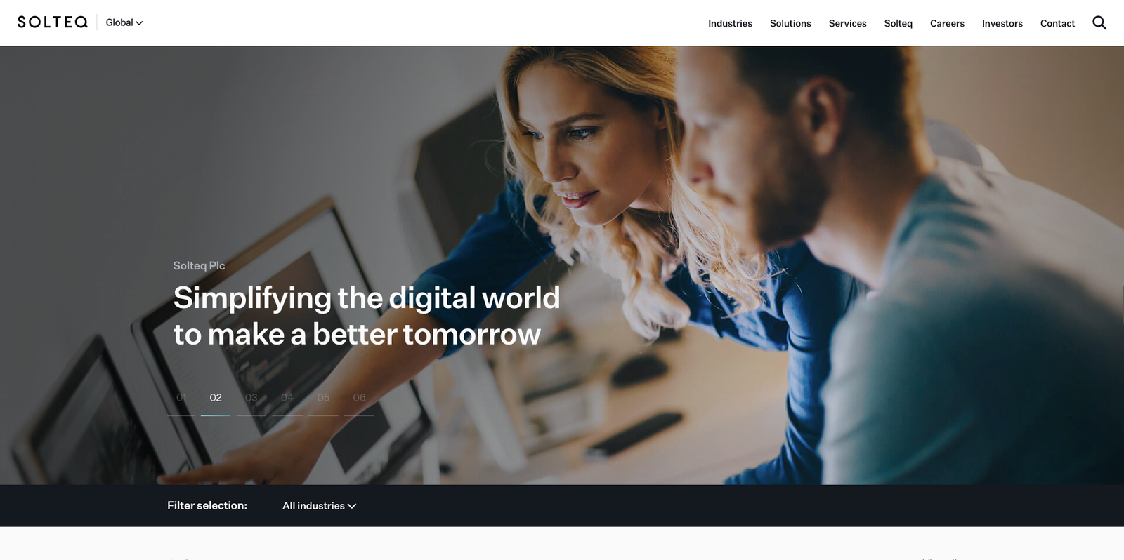 Solteq.com homepage hero: a full-bleed photograph with the headline Simplifying the digital world to make a better tomorrow, a six-step slider indicator, and an industry filter bar beneath