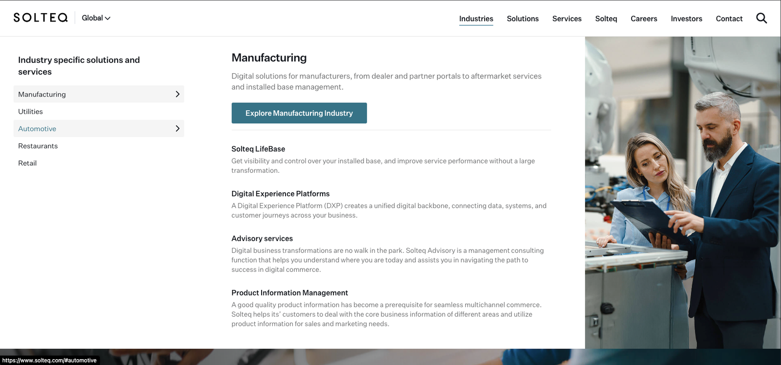 The Solteq mega-menu open on Industries: a left column listing Manufacturing, Utilities, Automotive, Restaurants and Retail, a middle panel describing Manufacturing with a call-to-action button and four linked solutions, and a photograph filling the right third