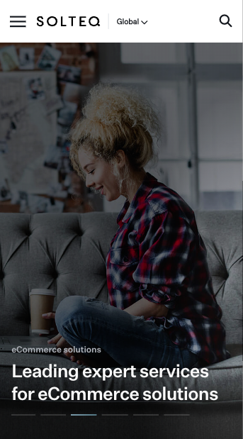 The same homepage at phone width: a hamburger menu beside the logo, a hero slide reading Leading expert services for eCommerce solutions, and the industry filter bar below it