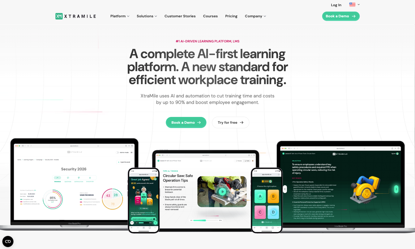 XtraMilen etusivun hero: yläotsikko number one AI-driven learning platform, suuri otsikko tekoälypohjaisesta oppimisalustasta, kaksi toimintakehotetta Book a Demo ja Try for free sekä kannettavien, tablettien ja puhelinten ryhmä, jotka näyttävät tuotetta